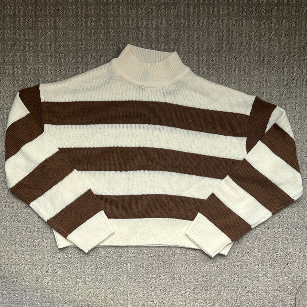 H&M Divided Neutral Brown Striped Mock Neck Cropped Knit Rugby Sweater X-Small - Picture 3 of 4